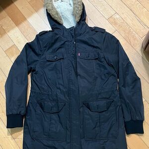 Levi's Mid-Length Black Utility Jacket with Faux Fur Hood Size LARGE